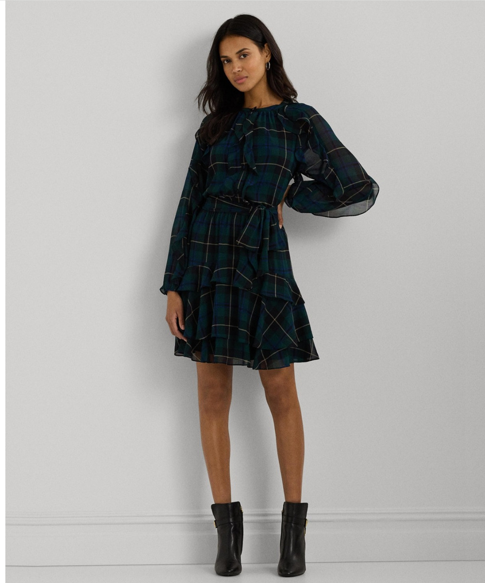 Lauren Ralph Lauren Women Plaid Ruffle Trim Georgette Tiered Dress Multi Size 8